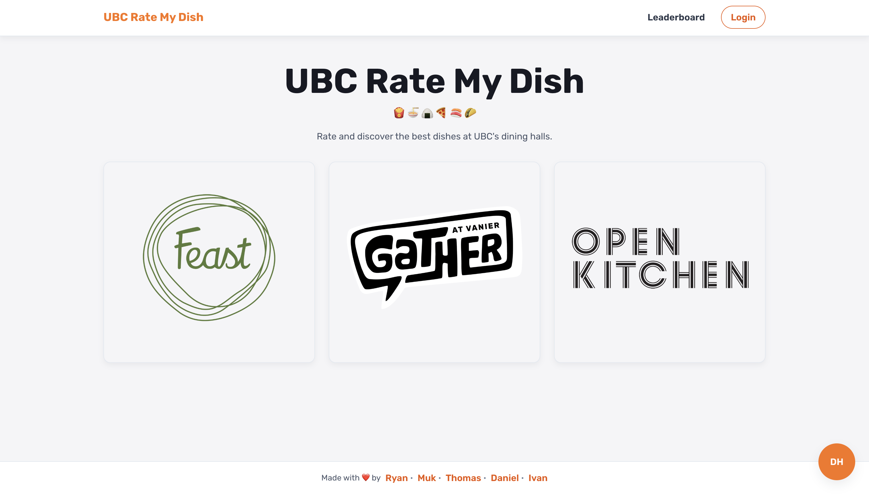 Rate My Dish UBC home screen